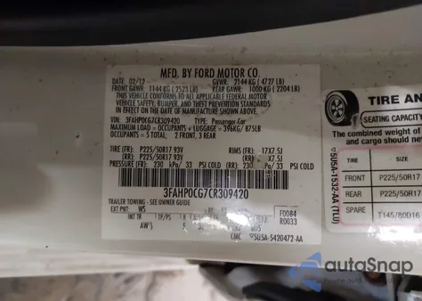 2012 Ford Fusion Sel z USA, uszkodzony, nr VIN 3FAHP0CG7CR309420